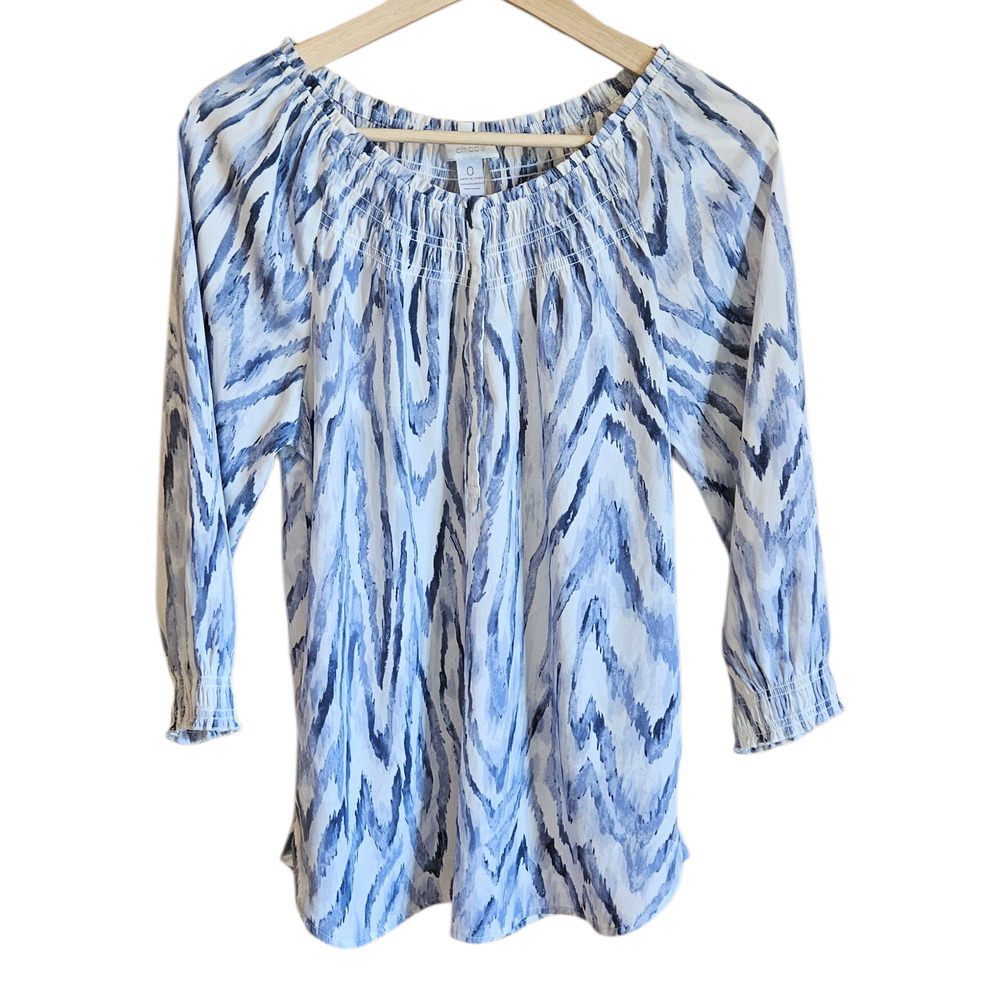 Chico's Size 0 Small Blue White Abstract Ikat Zebra Smocked Neck Blouse